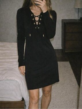 Calvin Klein Black Lace-Up Long Sleeve Mini Dress
